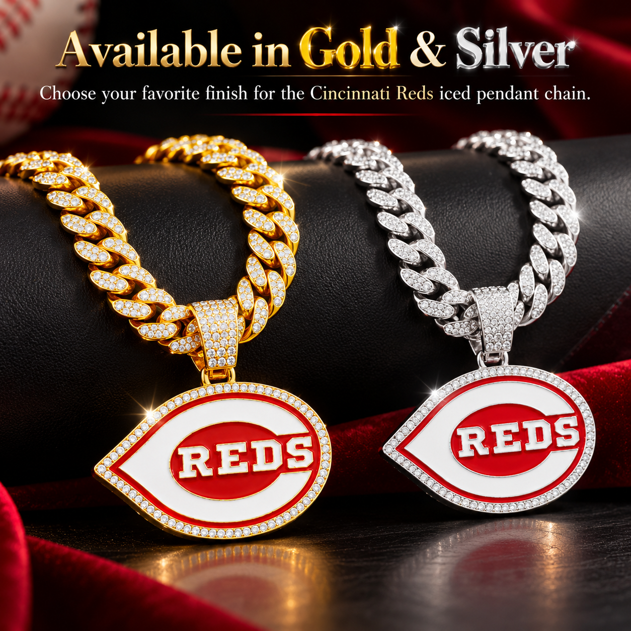 Cincinnati Reds Necklace, Gold Iced Cuban Link Chain with Rhinestone Reds Logo Pendant, Baseball Fan Jewelry