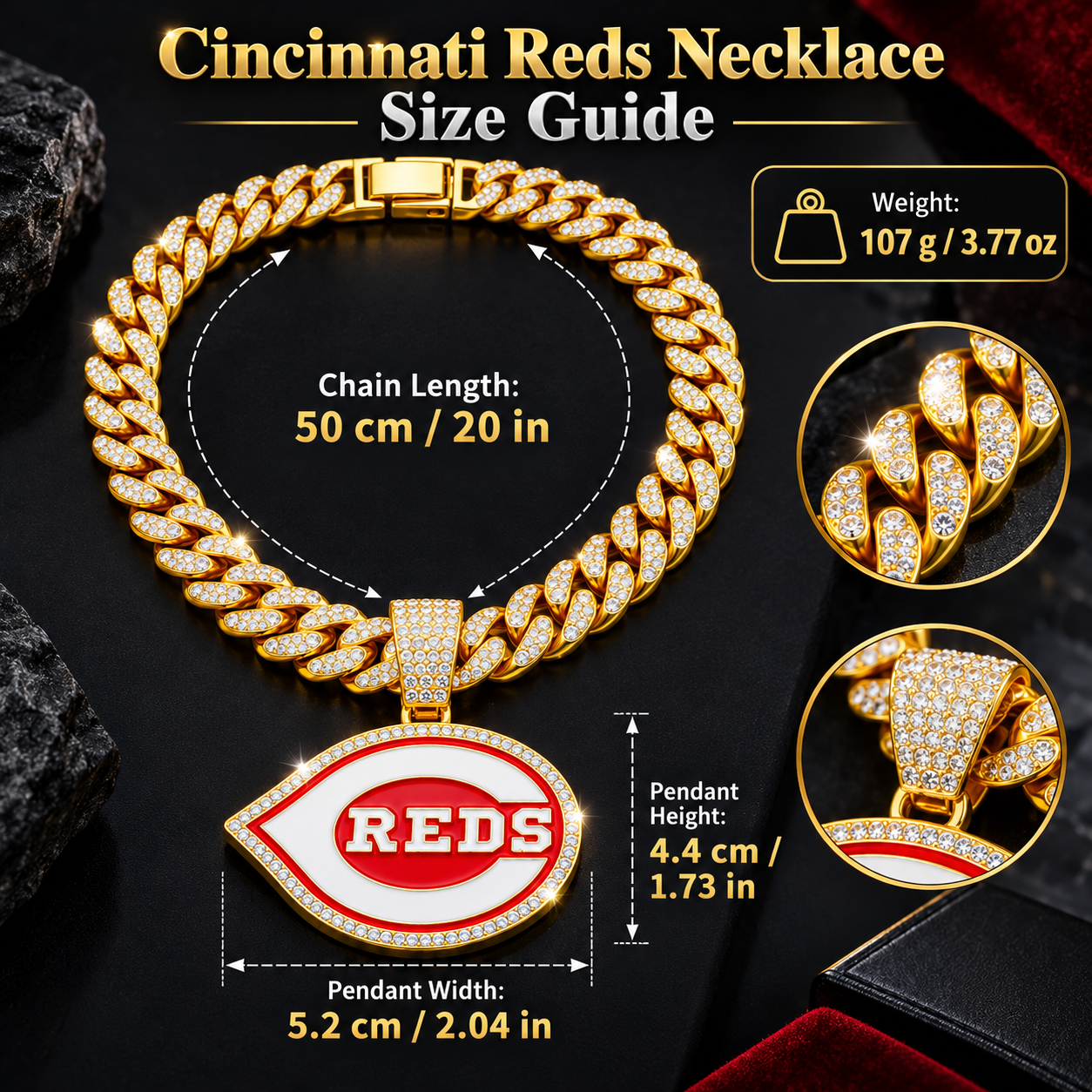 Cincinnati Reds Necklace, Gold Iced Cuban Link Chain with Rhinestone Reds Logo Pendant, Baseball Fan Jewelry