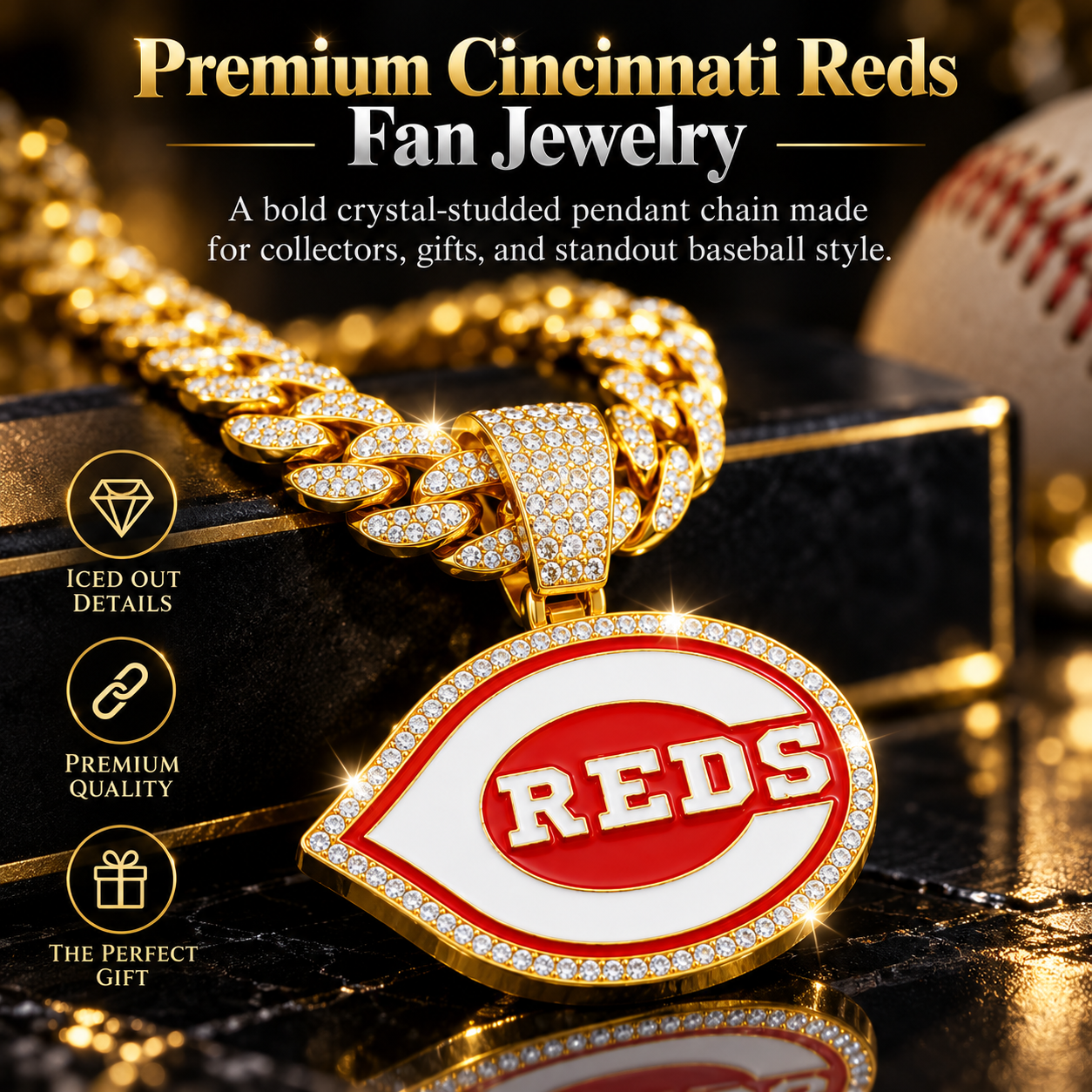 Cincinnati Reds Necklace, Gold Iced Cuban Link Chain with Rhinestone Reds Logo Pendant, Baseball Fan Jewelry