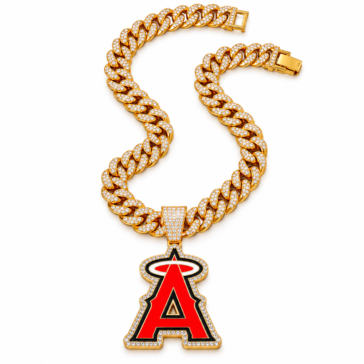 Los Angeles Angels Necklace, Gold Iced Cuban Link Chain with Rhinestone Halo A Pendant, Baseball Fan Jewelry