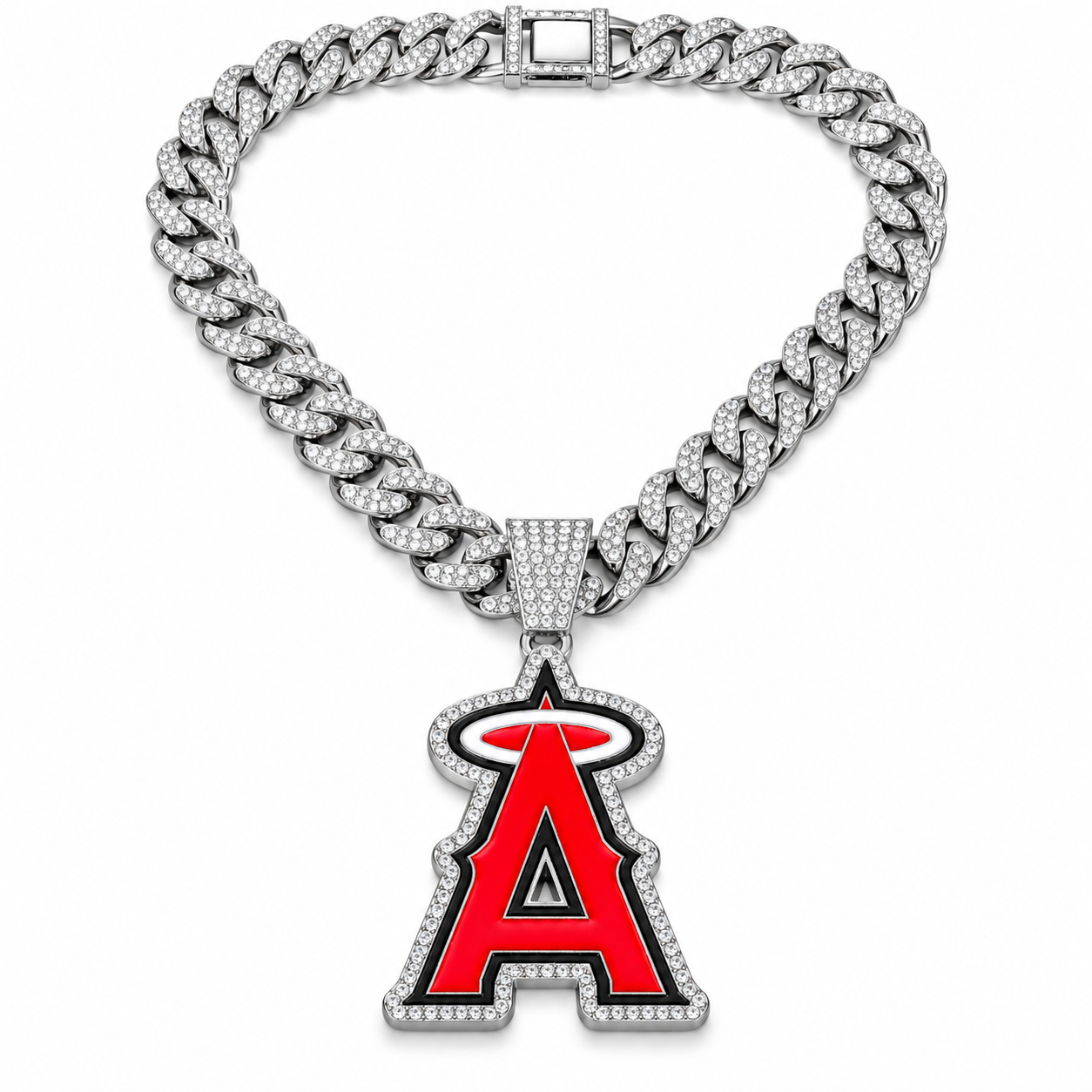 Los Angeles Angels Necklace, Gold Iced Cuban Link Chain with Rhinestone Halo A Pendant, Baseball Fan Jewelry