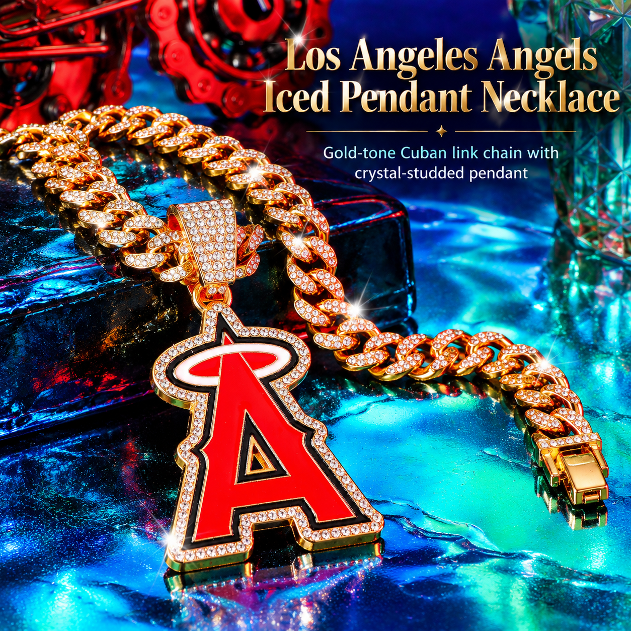 Los Angeles Angels Necklace, Gold Iced Cuban Link Chain with Rhinestone Halo A Pendant, Baseball Fan Jewelry