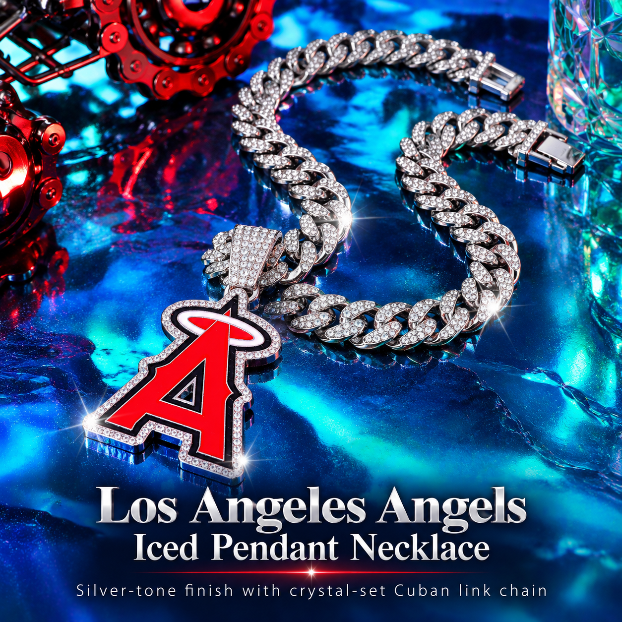 Los Angeles Angels Necklace, Gold Iced Cuban Link Chain with Rhinestone Halo A Pendant, Baseball Fan Jewelry