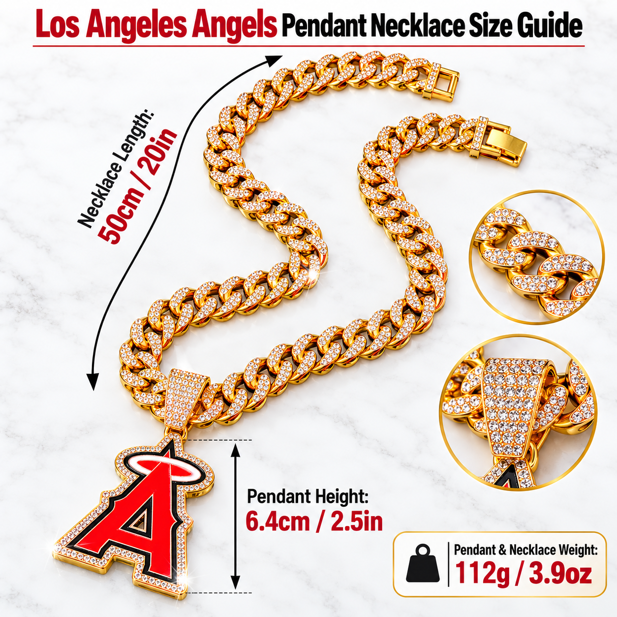 Los Angeles Angels Necklace, Gold Iced Cuban Link Chain with Rhinestone Halo A Pendant, Baseball Fan Jewelry