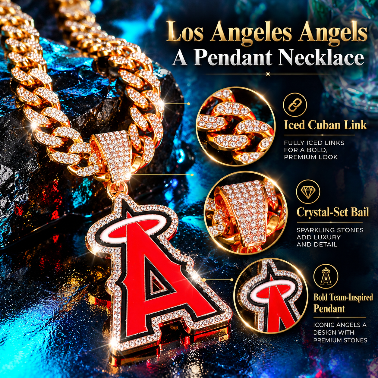 Los Angeles Angels Necklace, Gold Iced Cuban Link Chain with Rhinestone Halo A Pendant, Baseball Fan Jewelry