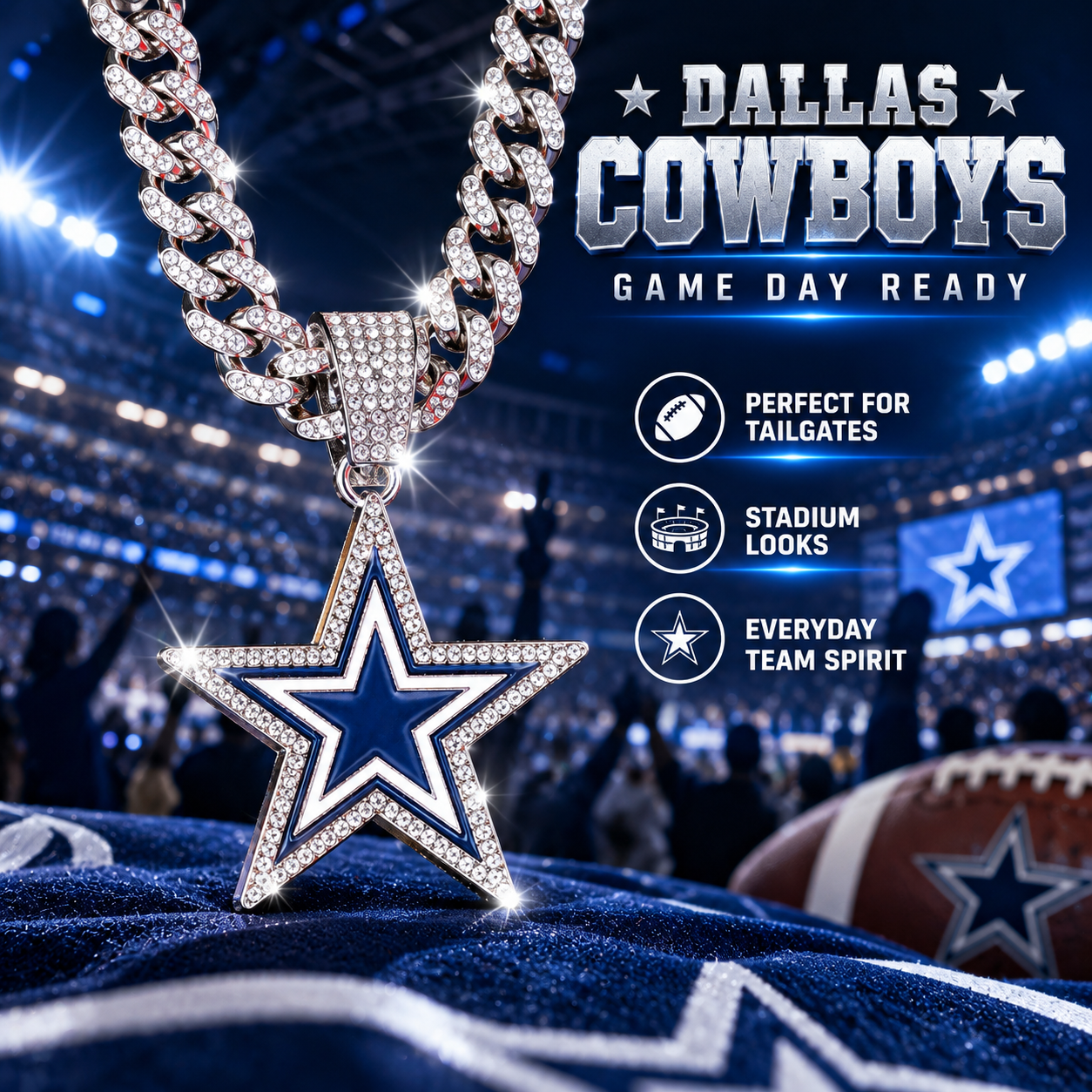 Dallas Cowboys Star Pendant Necklace, Iced Cuban Link Chain, Silver Rhinestone Football Fan Jewelry