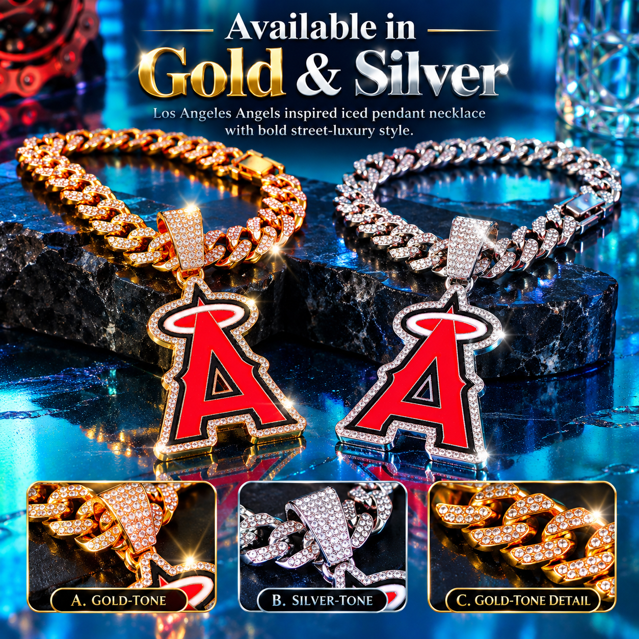 Los Angeles Angels Necklace, Gold Iced Cuban Link Chain with Rhinestone Halo A Pendant, Baseball Fan Jewelry