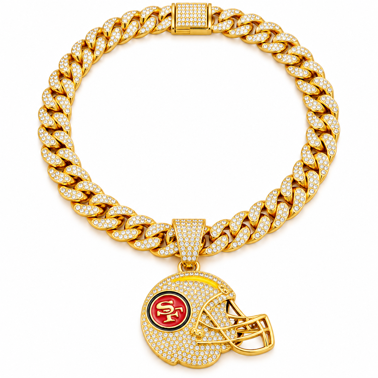 San Francisco 49ers Necklace, Gold Iced Cuban Link Chain with Rhinestone Football Helmet Pendant, NFL Fan Jewelry