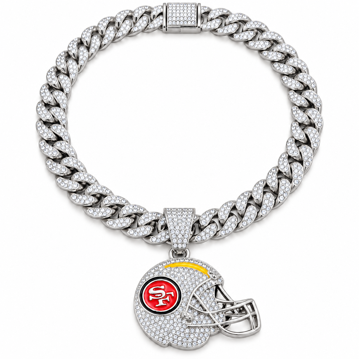 San Francisco 49ers Necklace, Gold Iced Cuban Link Chain with Rhinestone Football Helmet Pendant, NFL Fan Jewelry