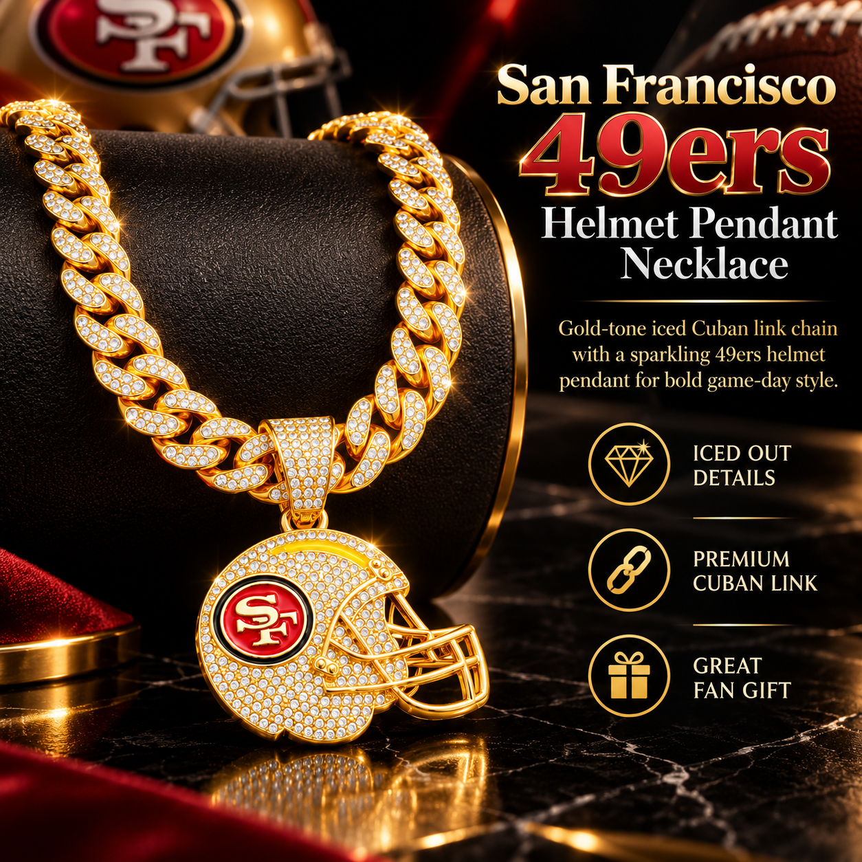 San Francisco 49ers Necklace, Gold Iced Cuban Link Chain with Rhinestone Football Helmet Pendant, NFL Fan Jewelry