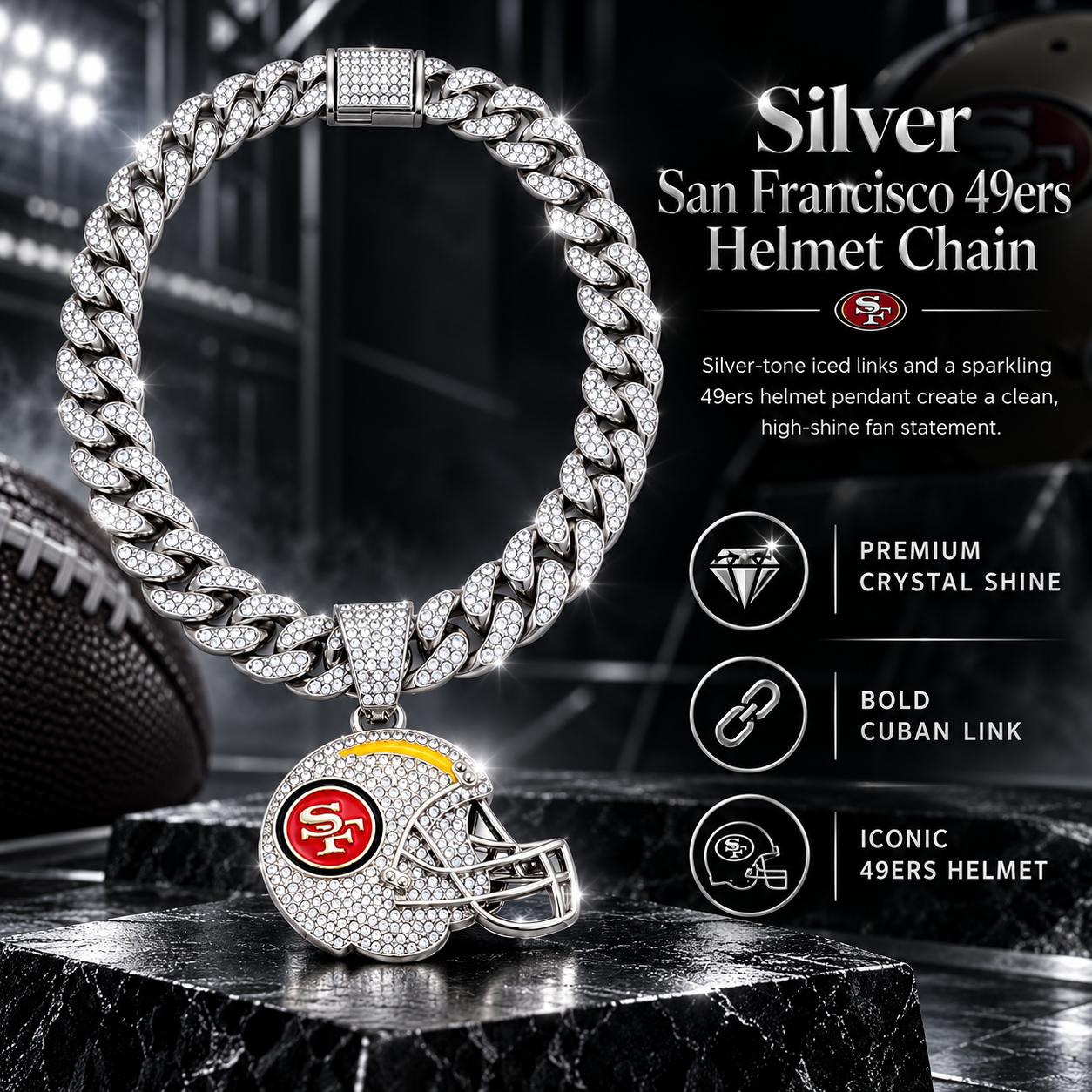 San Francisco 49ers Necklace, Gold Iced Cuban Link Chain with Rhinestone Football Helmet Pendant, NFL Fan Jewelry