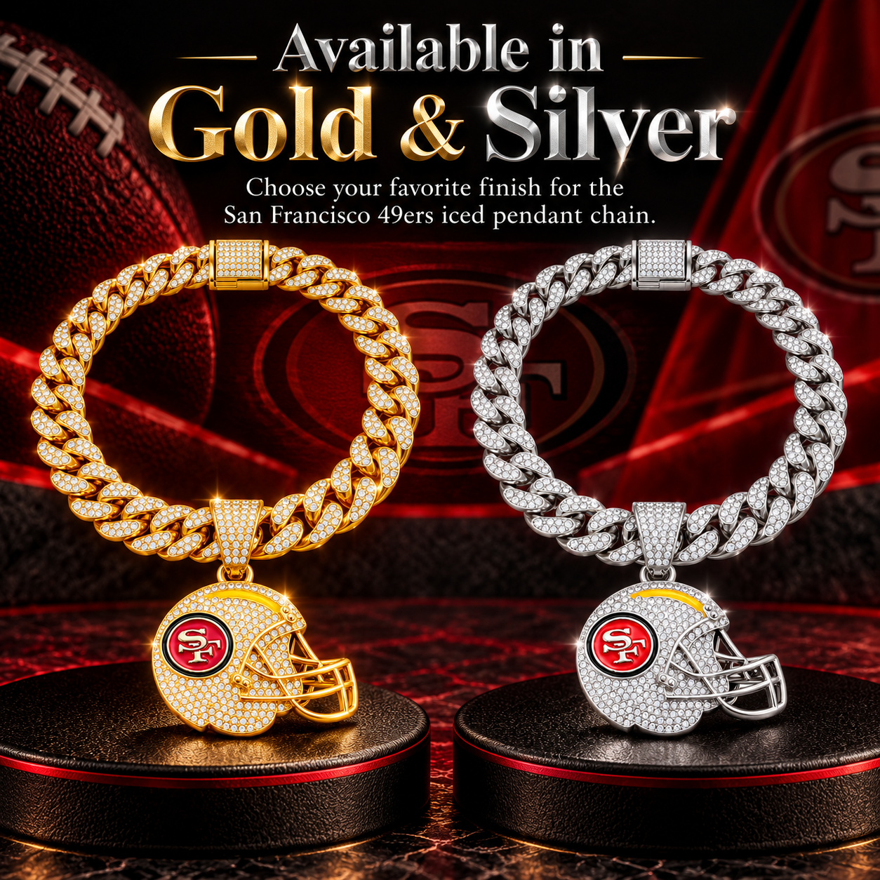 San Francisco 49ers Necklace, Gold Iced Cuban Link Chain with Rhinestone Football Helmet Pendant, NFL Fan Jewelry