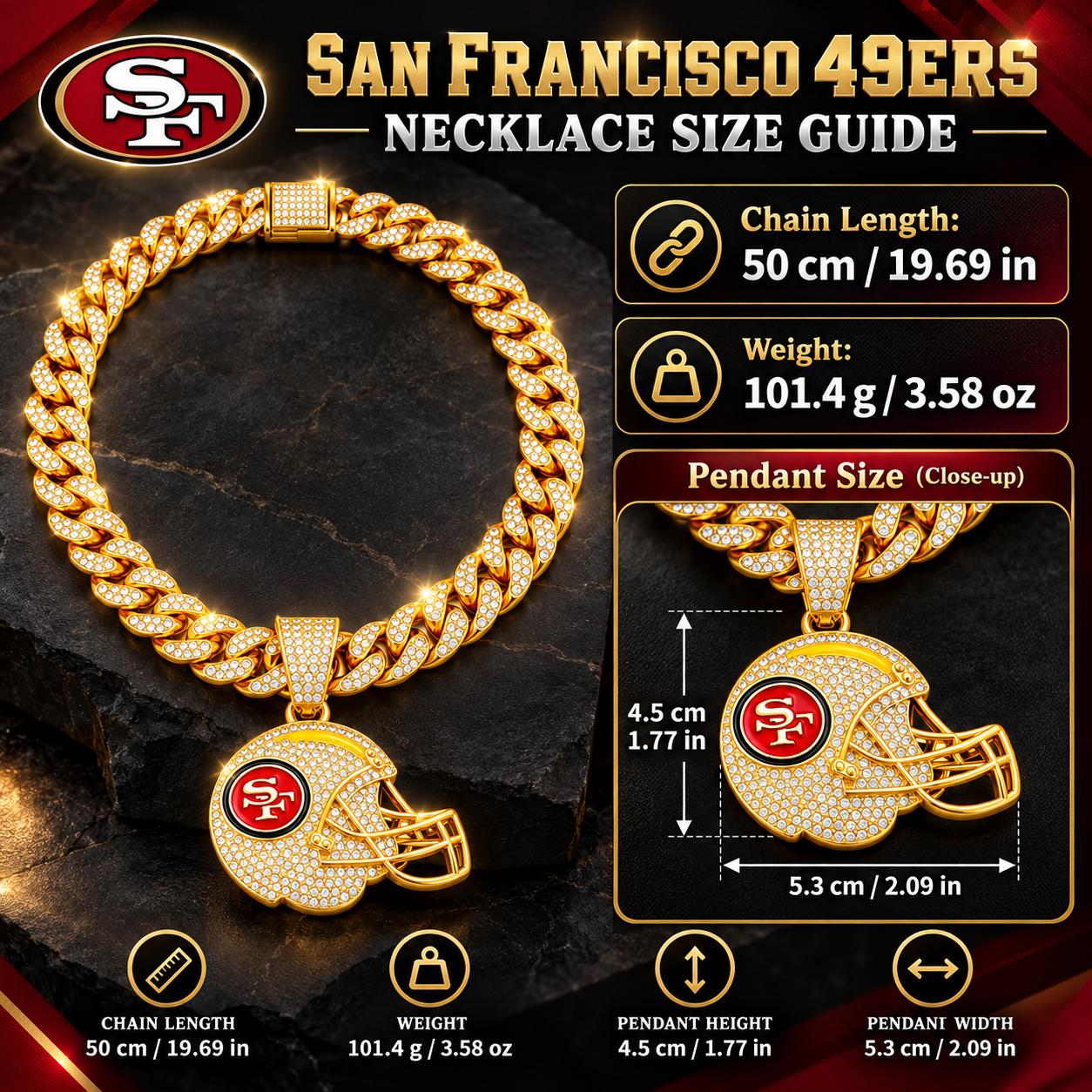San Francisco 49ers Necklace, Gold Iced Cuban Link Chain with Rhinestone Football Helmet Pendant, NFL Fan Jewelry