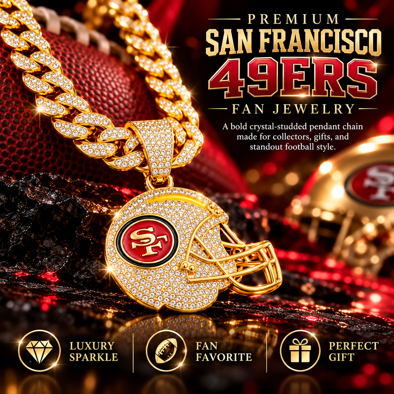 San Francisco 49ers Necklace, Gold Iced Cuban Link Chain with Rhinestone Football Helmet Pendant, NFL Fan Jewelry