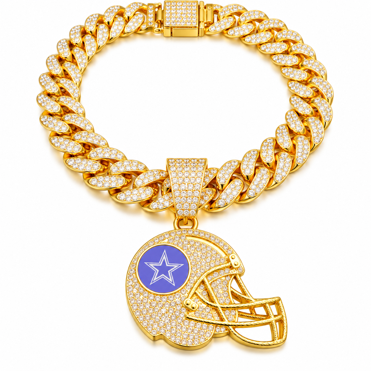 Dallas Cowboys Necklace, Gold Iced Cuban Link Chain with Rhinestone Football Helmet Pendant, Cowboys Fan Jewelry