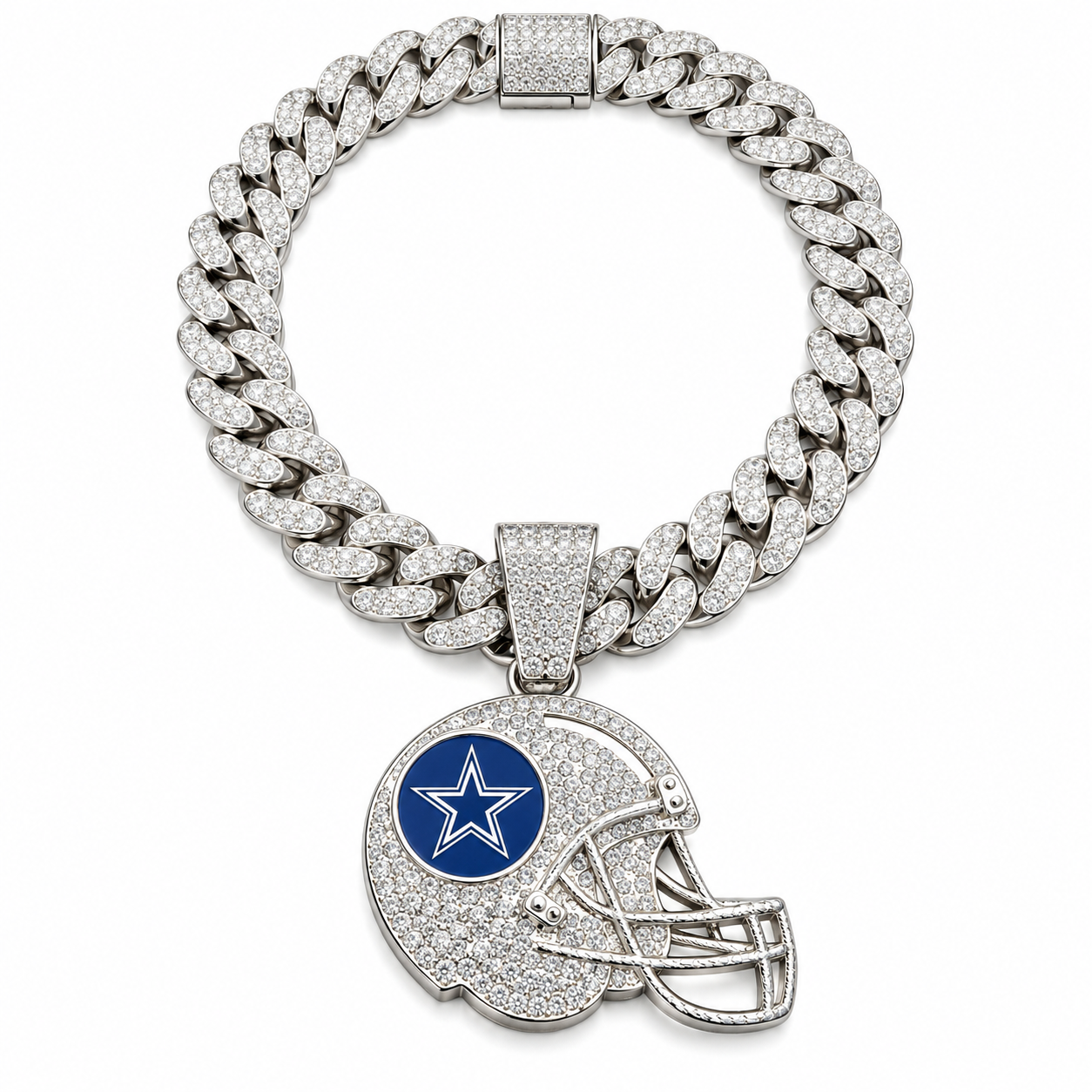 Dallas Cowboys Necklace, Gold Iced Cuban Link Chain with Rhinestone Football Helmet Pendant, Cowboys Fan Jewelry