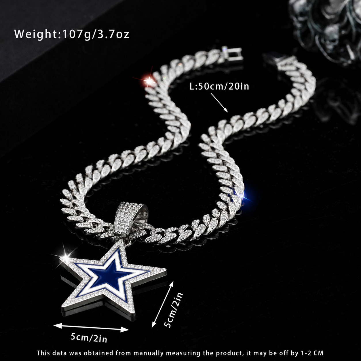 Dallas Cowboys Star Pendant Necklace, Iced Cuban Link Chain, Silver Rhinestone Football Fan Jewelry