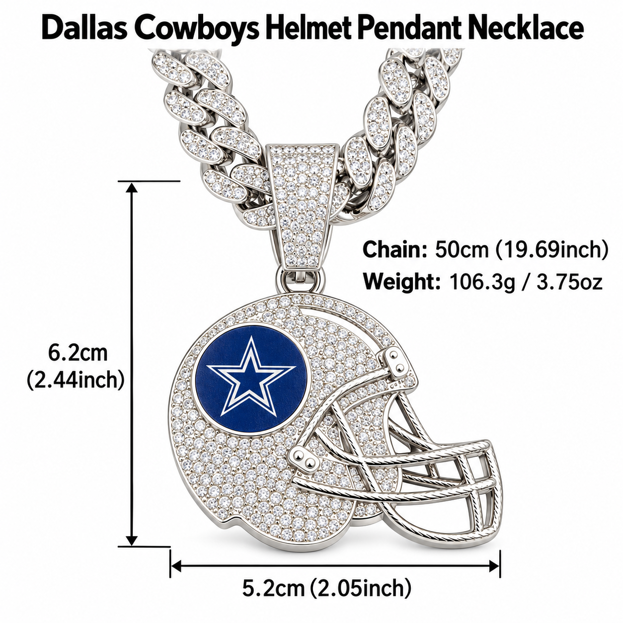 Dallas Cowboys Necklace, Gold Iced Cuban Link Chain with Rhinestone Football Helmet Pendant, Cowboys Fan Jewelry