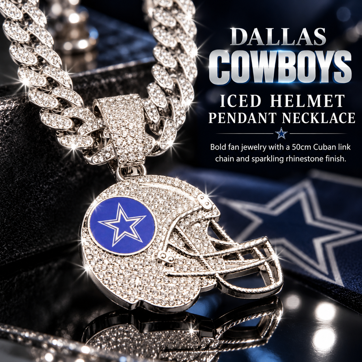 Dallas Cowboys Necklace, Gold Iced Cuban Link Chain with Rhinestone Football Helmet Pendant, Cowboys Fan Jewelry
