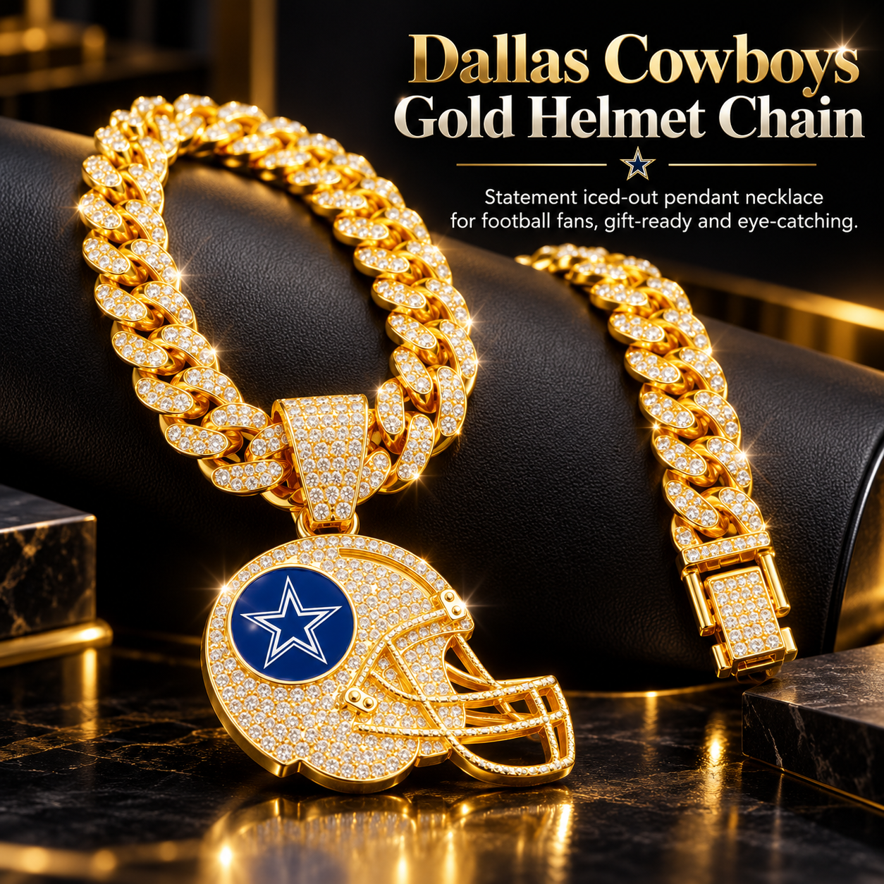 Dallas Cowboys Necklace, Gold Iced Cuban Link Chain with Rhinestone Football Helmet Pendant, Cowboys Fan Jewelry