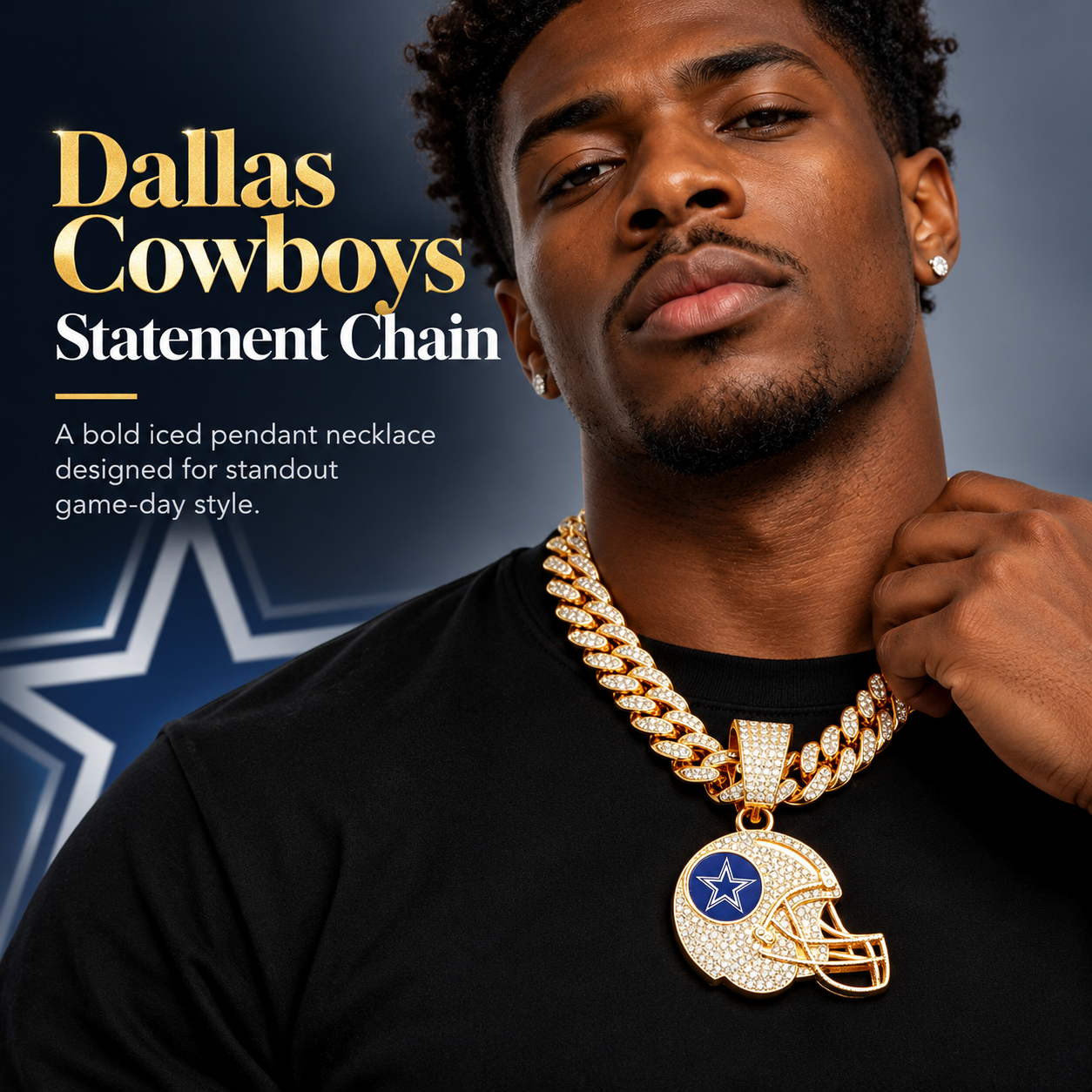 Dallas Cowboys Necklace, Gold Iced Cuban Link Chain with Rhinestone Football Helmet Pendant, Cowboys Fan Jewelry