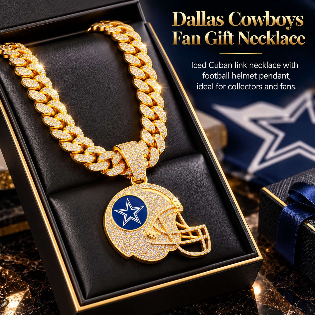 Dallas Cowboys Necklace, Gold Iced Cuban Link Chain with Rhinestone Football Helmet Pendant, Cowboys Fan Jewelry