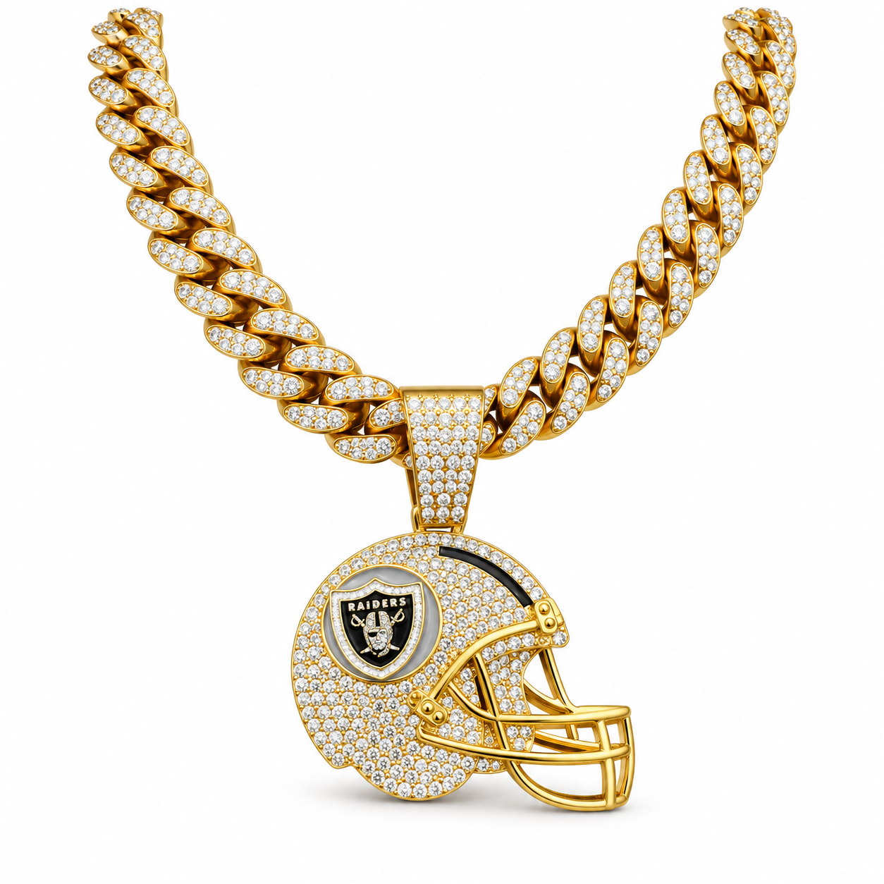 Las Vegas Raiders Necklace, Gold Iced Cuban Link Chain with Rhinestone Football Helmet Pendant, Raiders Fan Jewelry
