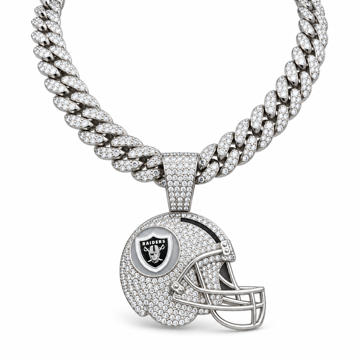 Las Vegas Raiders Necklace, Gold Iced Cuban Link Chain with Rhinestone Football Helmet Pendant, Raiders Fan Jewelry