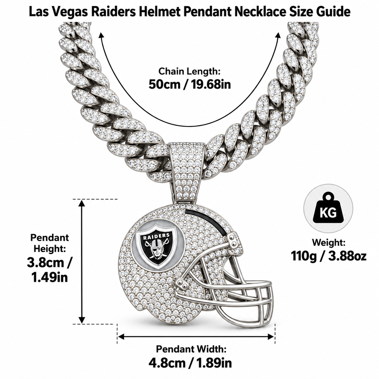 Las Vegas Raiders Necklace, Gold Iced Cuban Link Chain with Rhinestone Football Helmet Pendant, Raiders Fan Jewelry
