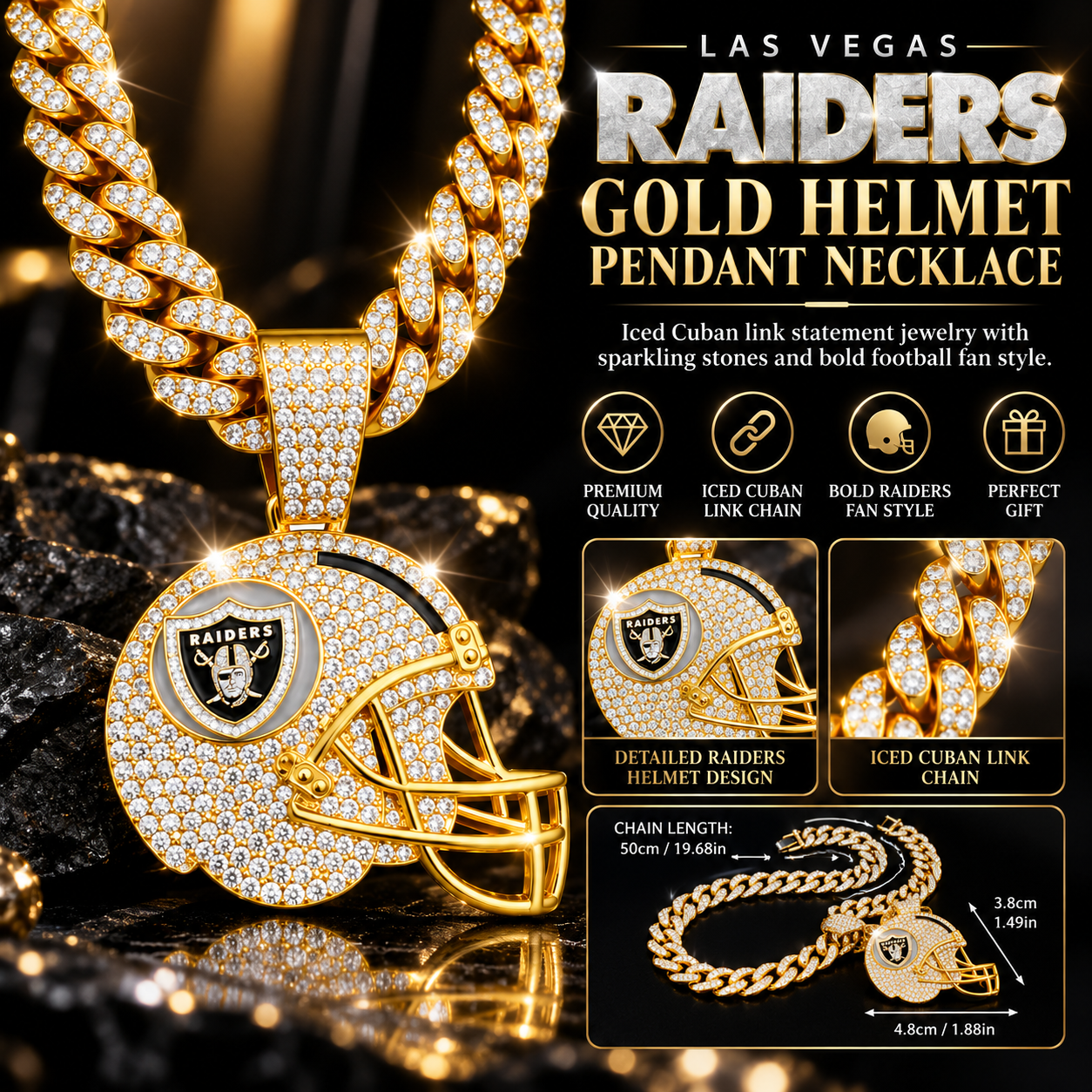 Las Vegas Raiders Necklace, Gold Iced Cuban Link Chain with Rhinestone Football Helmet Pendant, Raiders Fan Jewelry