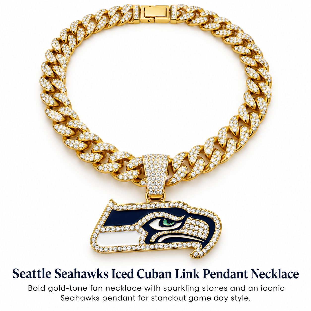 Seattle Seahawks Necklace, Gold Iced Cuban Link Chain with Rhinestone Hawk Pendant, Football Fan Jewelry