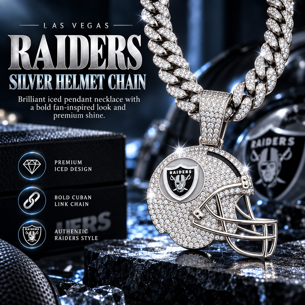 Las Vegas Raiders Necklace, Gold Iced Cuban Link Chain with Rhinestone Football Helmet Pendant, Raiders Fan Jewelry