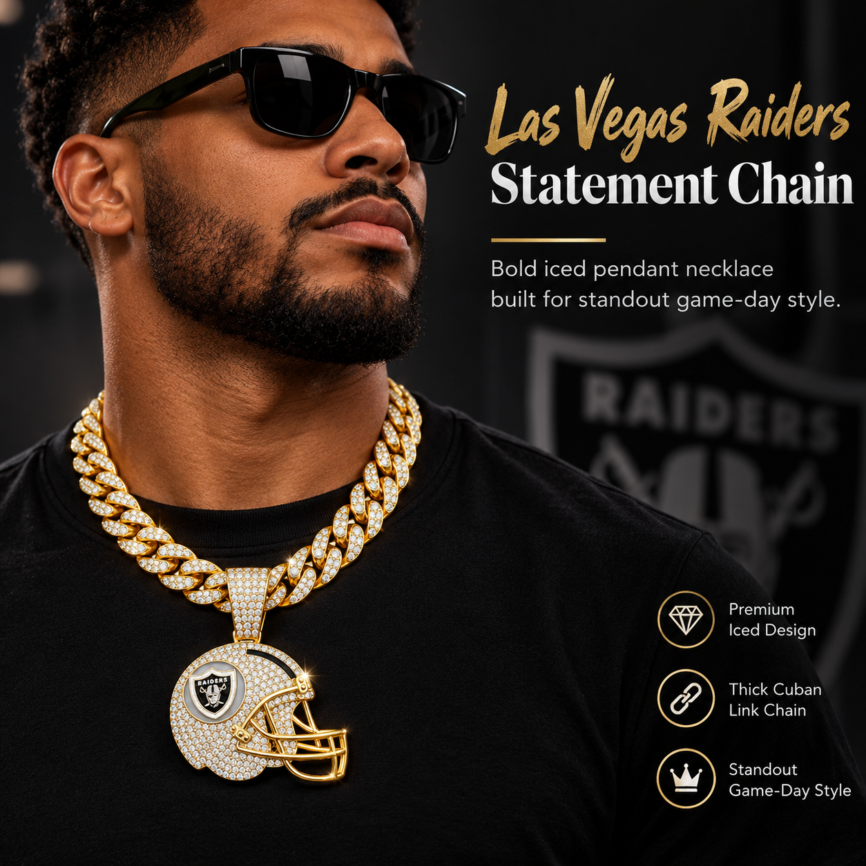 Las Vegas Raiders Necklace, Gold Iced Cuban Link Chain with Rhinestone Football Helmet Pendant, Raiders Fan Jewelry