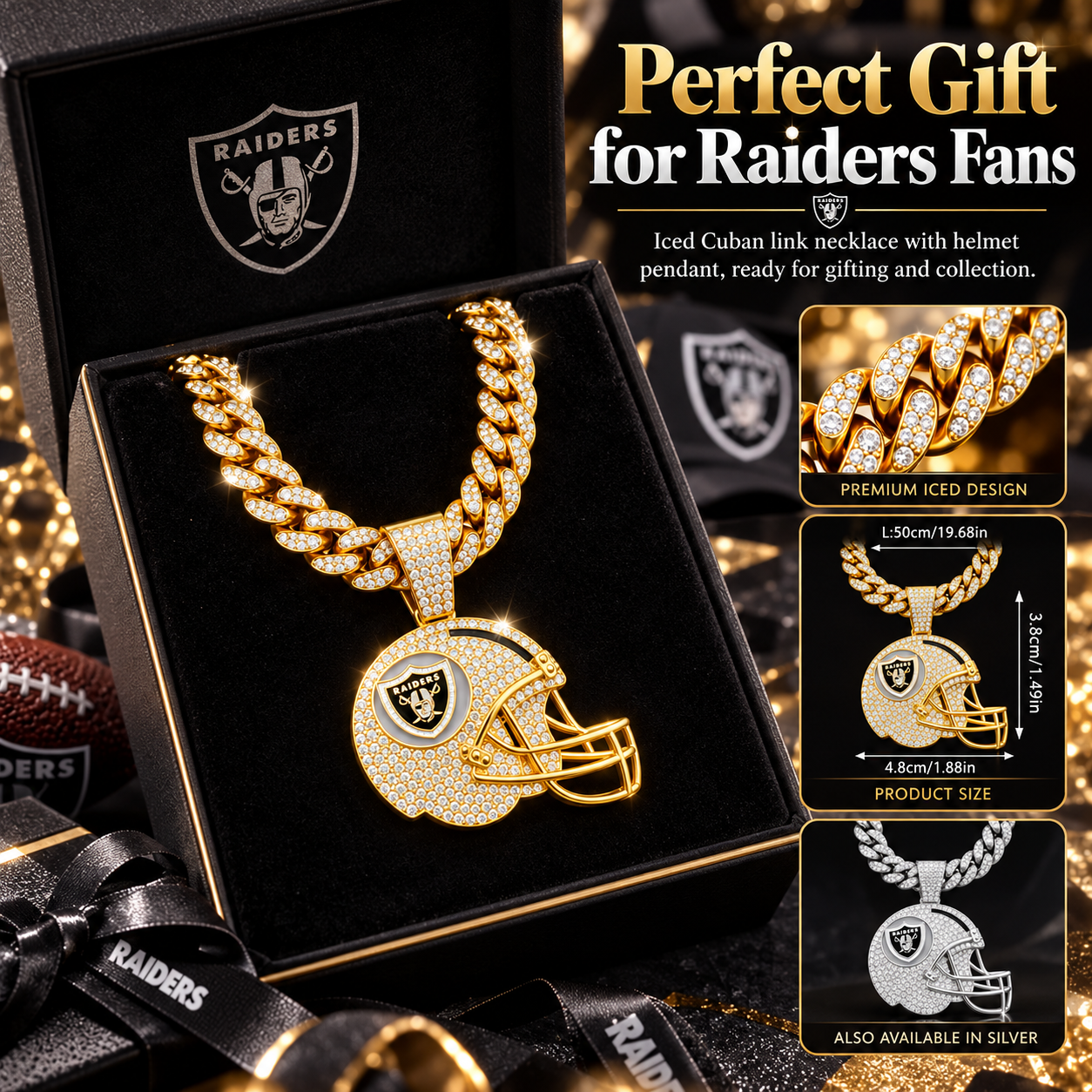 Las Vegas Raiders Necklace, Gold Iced Cuban Link Chain with Rhinestone Football Helmet Pendant, Raiders Fan Jewelry