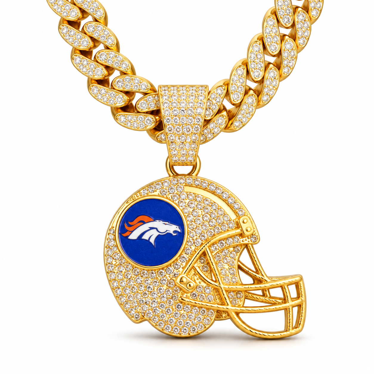 Denver Broncos Necklace, Gold Iced Cuban Link Chain with Rhinestone Football Helmet Pendant, Broncos Fan Jewelry