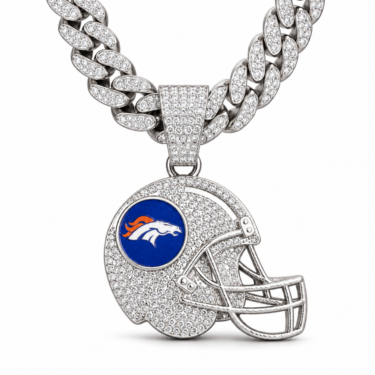 Denver Broncos Necklace, Gold Iced Cuban Link Chain with Rhinestone Football Helmet Pendant, Broncos Fan Jewelry
