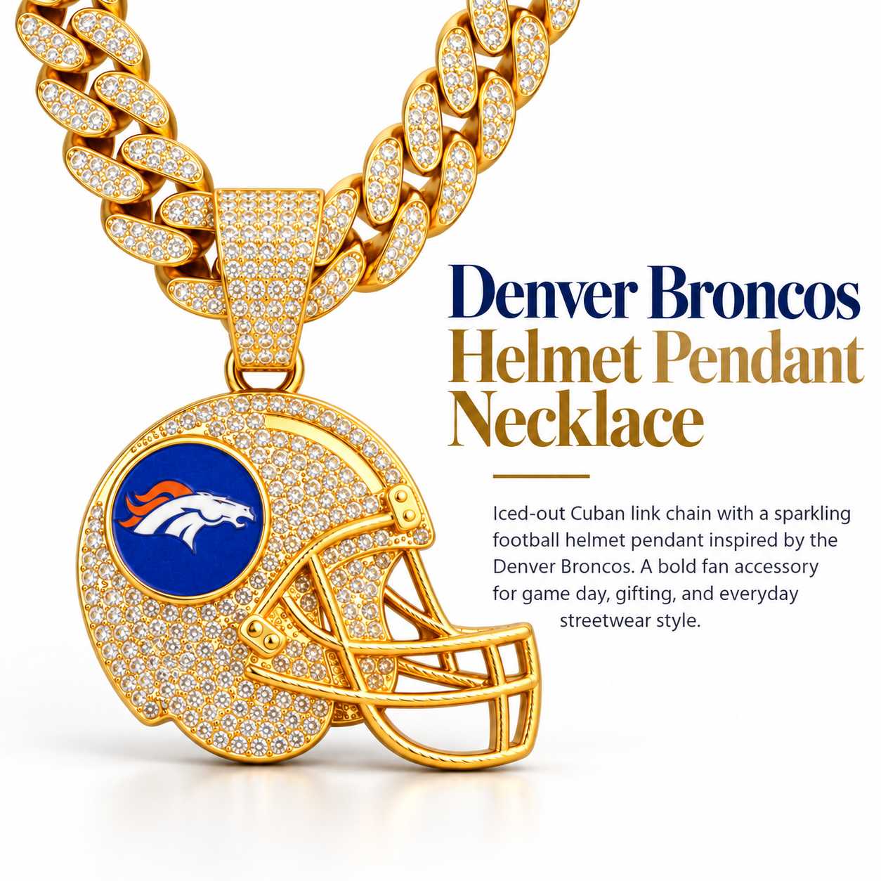 Denver Broncos Necklace, Gold Iced Cuban Link Chain with Rhinestone Football Helmet Pendant, Broncos Fan Jewelry