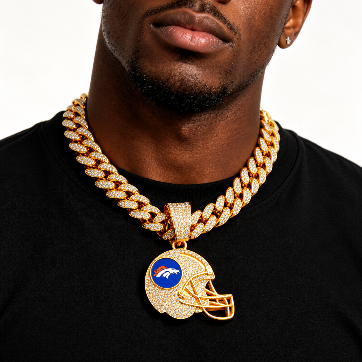 Denver Broncos Necklace, Gold Iced Cuban Link Chain with Rhinestone Football Helmet Pendant, Broncos Fan Jewelry