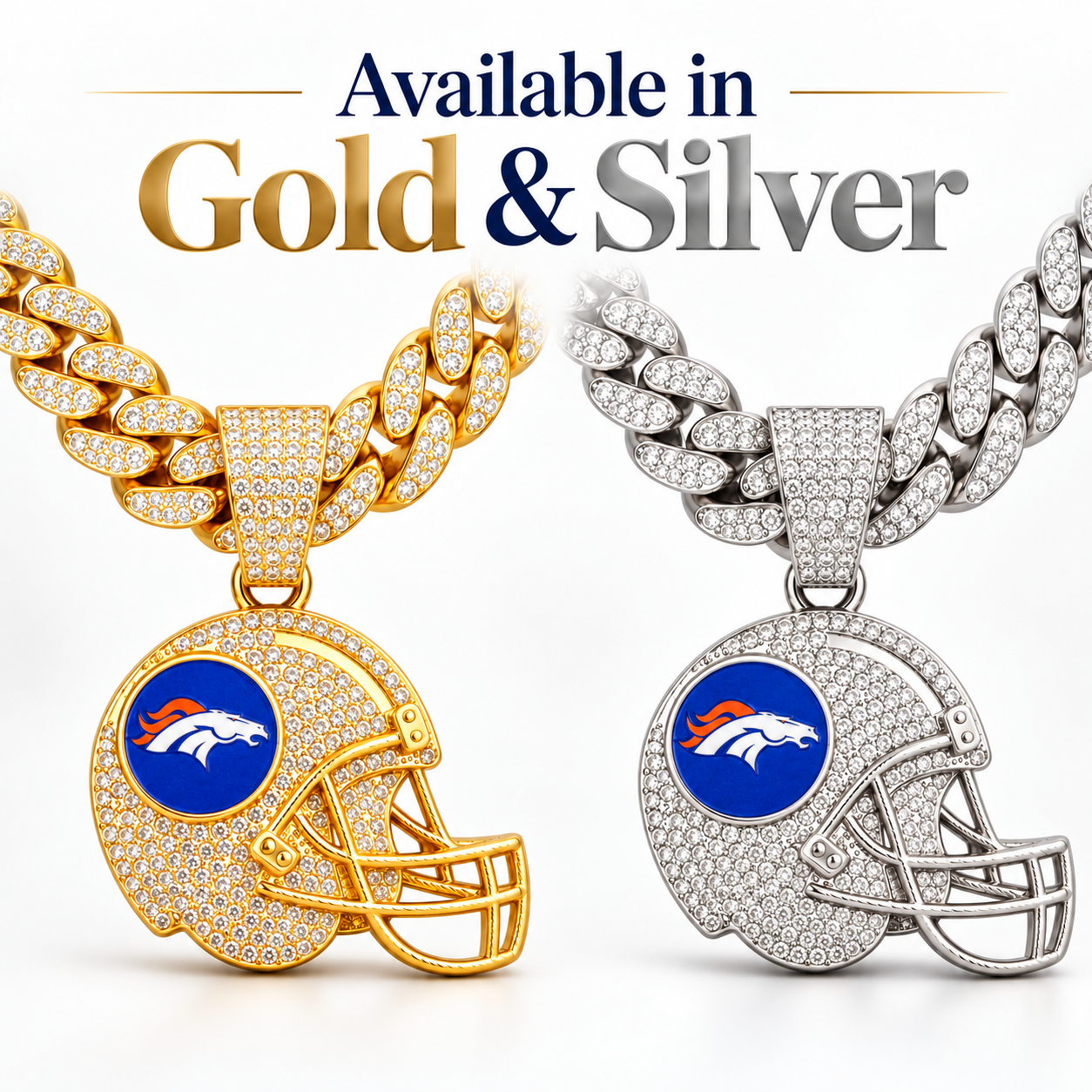 Denver Broncos Necklace, Gold Iced Cuban Link Chain with Rhinestone Football Helmet Pendant, Broncos Fan Jewelry