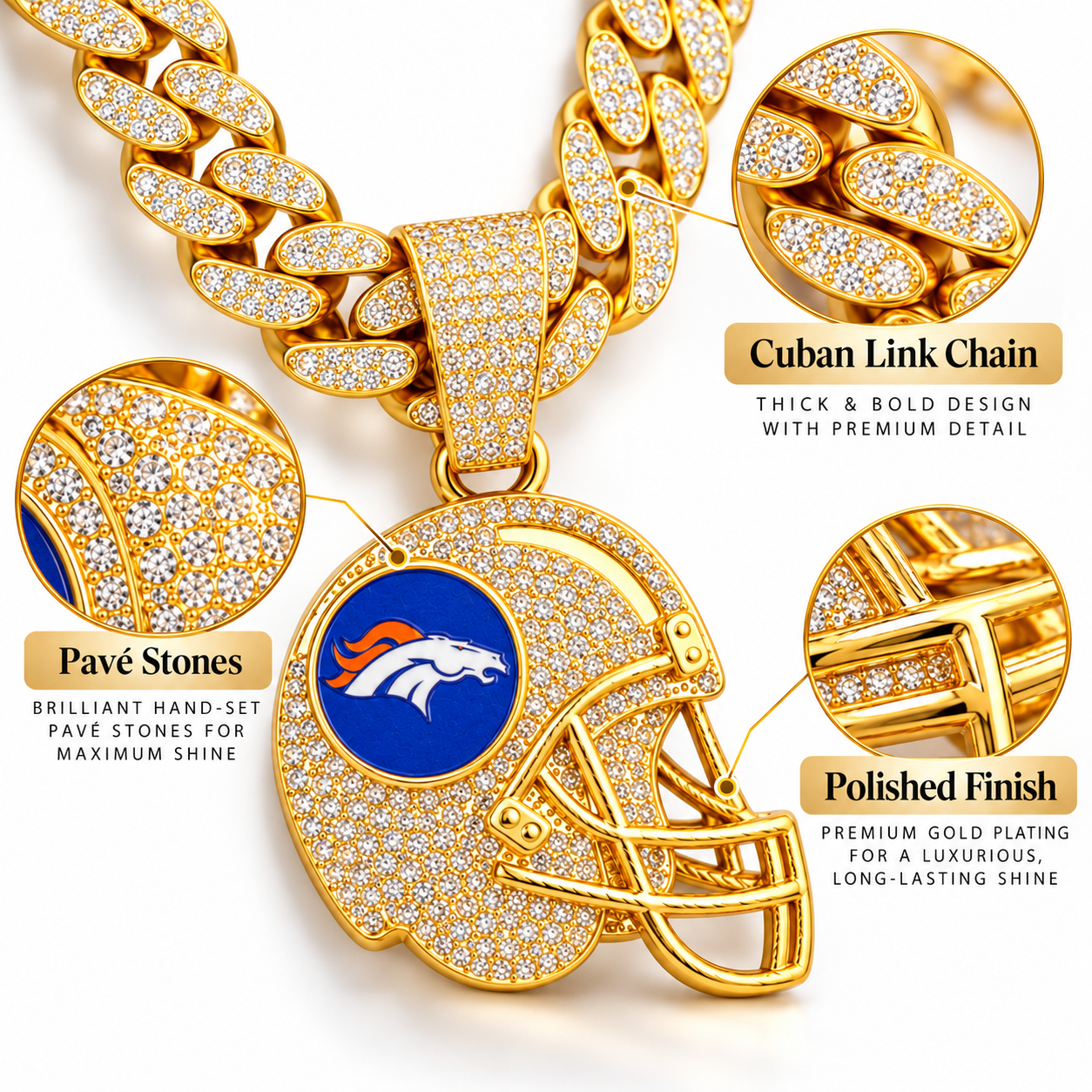 Denver Broncos Necklace, Gold Iced Cuban Link Chain with Rhinestone Football Helmet Pendant, Broncos Fan Jewelry