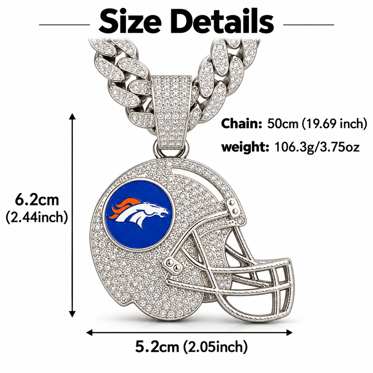 Denver Broncos Necklace, Gold Iced Cuban Link Chain with Rhinestone Football Helmet Pendant, Broncos Fan Jewelry