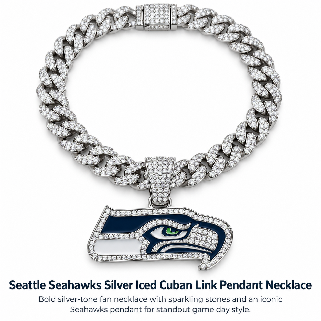 Seattle Seahawks Necklace, Gold Iced Cuban Link Chain with Rhinestone Hawk Pendant, Football Fan Jewelry