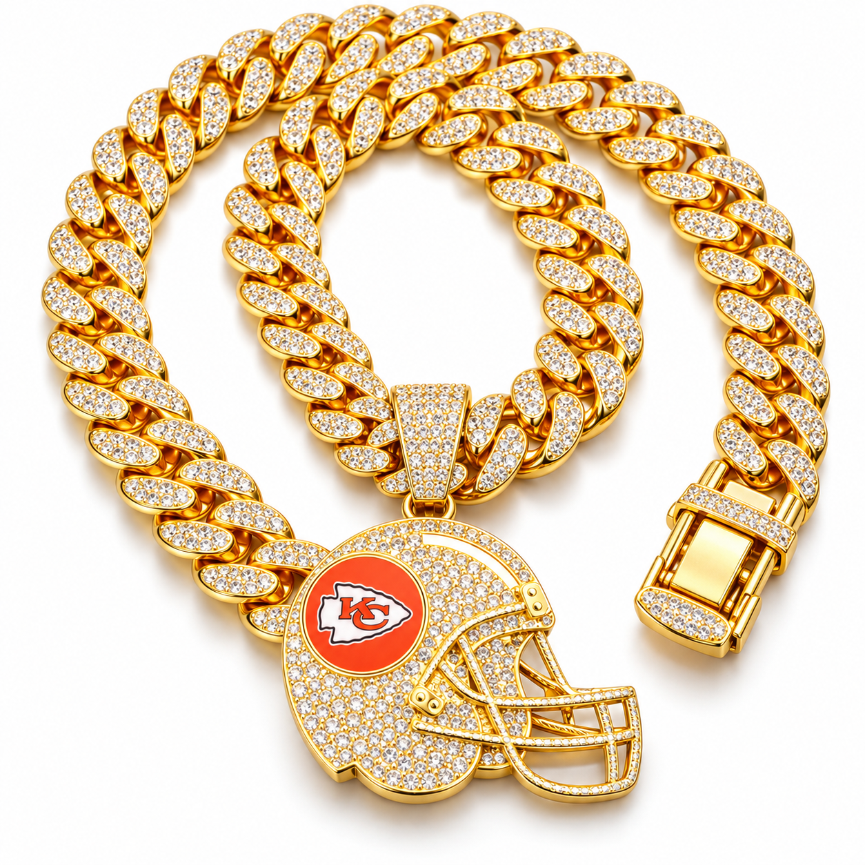 Kansas City Chiefs Necklace, Gold Iced Cuban Link Chain with Rhinestone Football Helmet Pendant, Chiefs Fan Jewelry