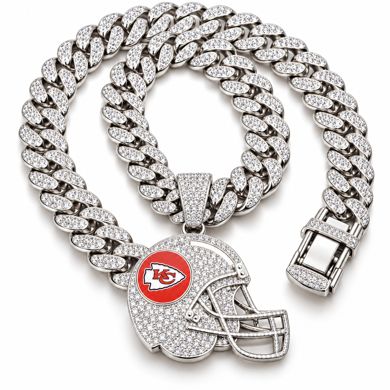 Kansas City Chiefs Necklace, Gold Iced Cuban Link Chain with Rhinestone Football Helmet Pendant, Chiefs Fan Jewelry