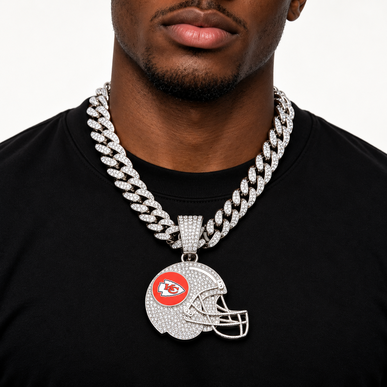 Kansas City Chiefs Necklace, Gold Iced Cuban Link Chain with Rhinestone Football Helmet Pendant, Chiefs Fan Jewelry