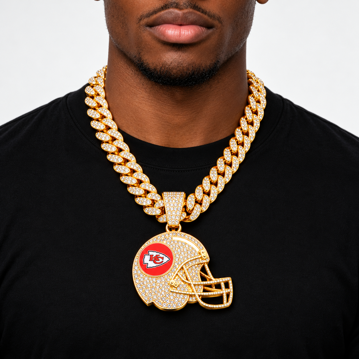 Kansas City Chiefs Necklace, Gold Iced Cuban Link Chain with Rhinestone Football Helmet Pendant, Chiefs Fan Jewelry