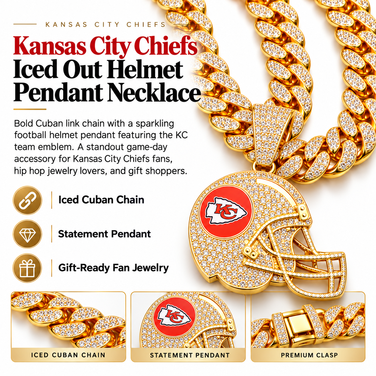 Kansas City Chiefs Necklace, Gold Iced Cuban Link Chain with Rhinestone Football Helmet Pendant, Chiefs Fan Jewelry