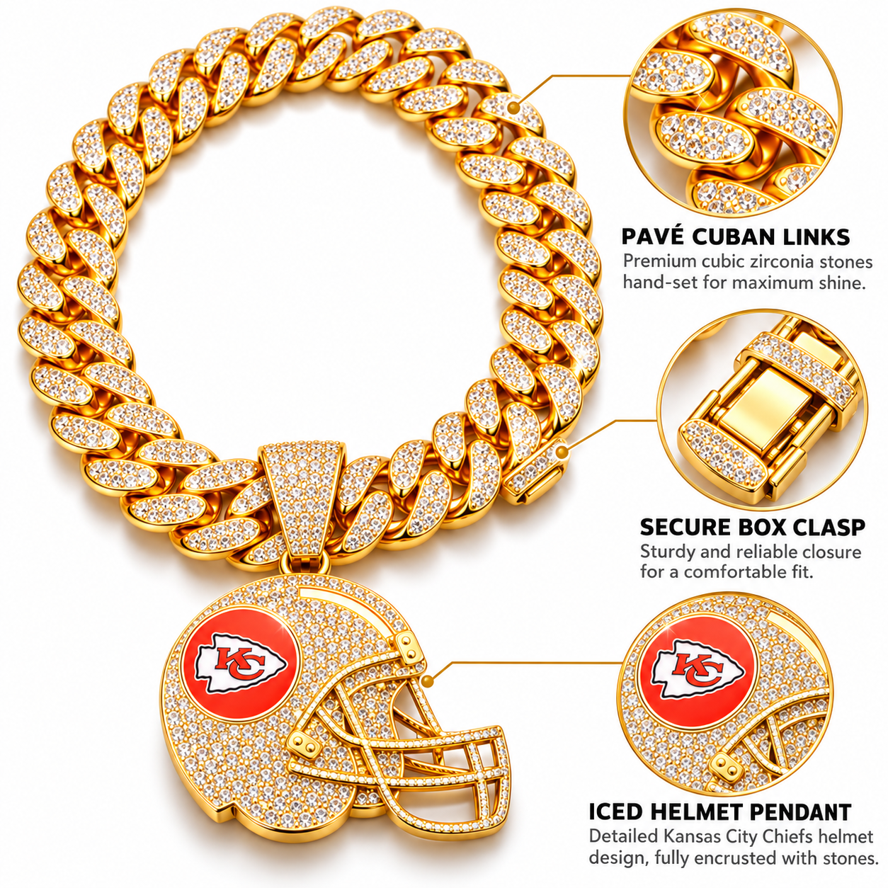 Kansas City Chiefs Necklace, Gold Iced Cuban Link Chain with Rhinestone Football Helmet Pendant, Chiefs Fan Jewelry