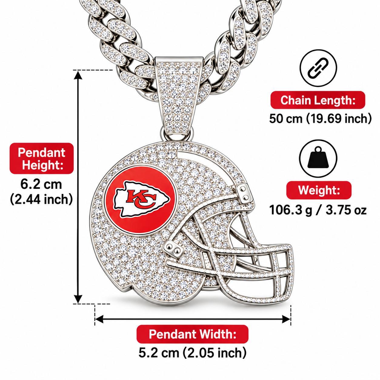 Kansas City Chiefs Necklace, Gold Iced Cuban Link Chain with Rhinestone Football Helmet Pendant, Chiefs Fan Jewelry