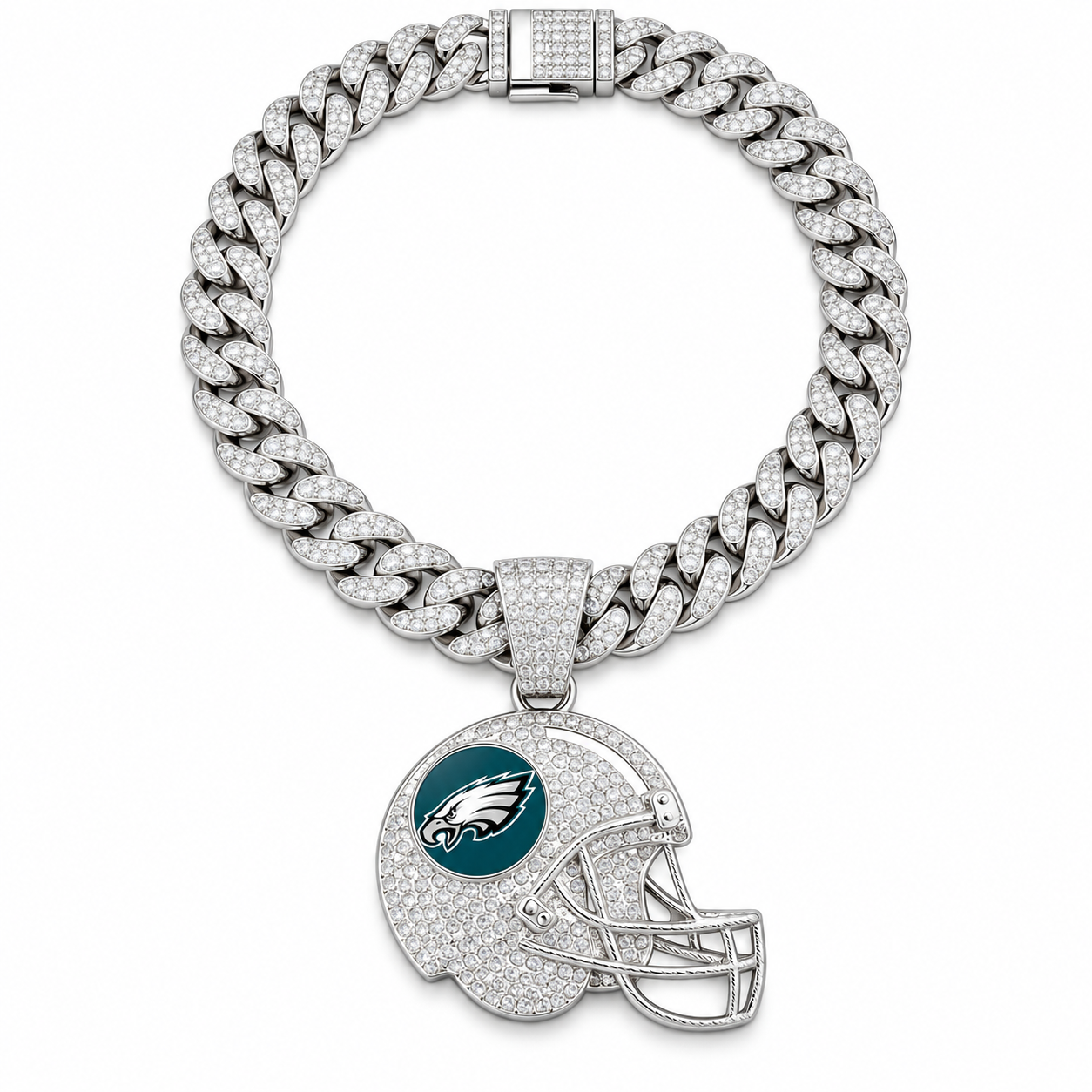 Philadelphia Eagles Necklace, Gold Iced Cuban Link Chain with Rhinestone Football Helmet Pendant, Eagles Fan Jewelry